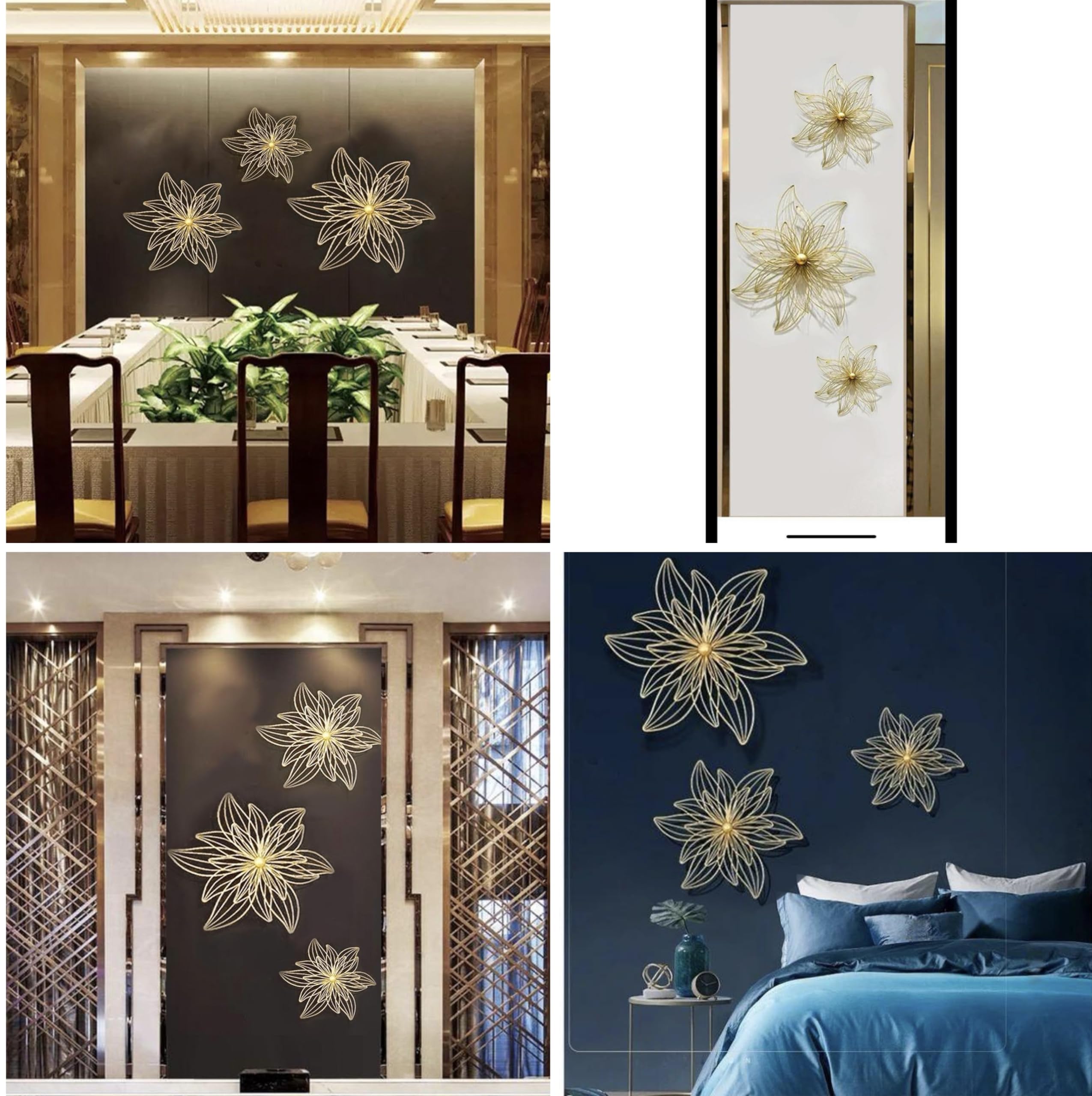 Zove Metal Set Of 3 Pieces Golden Flowers Wall Art Hanging Perfect For Home, Hotel, Restaurant, Living Room Decoration (24 X 24